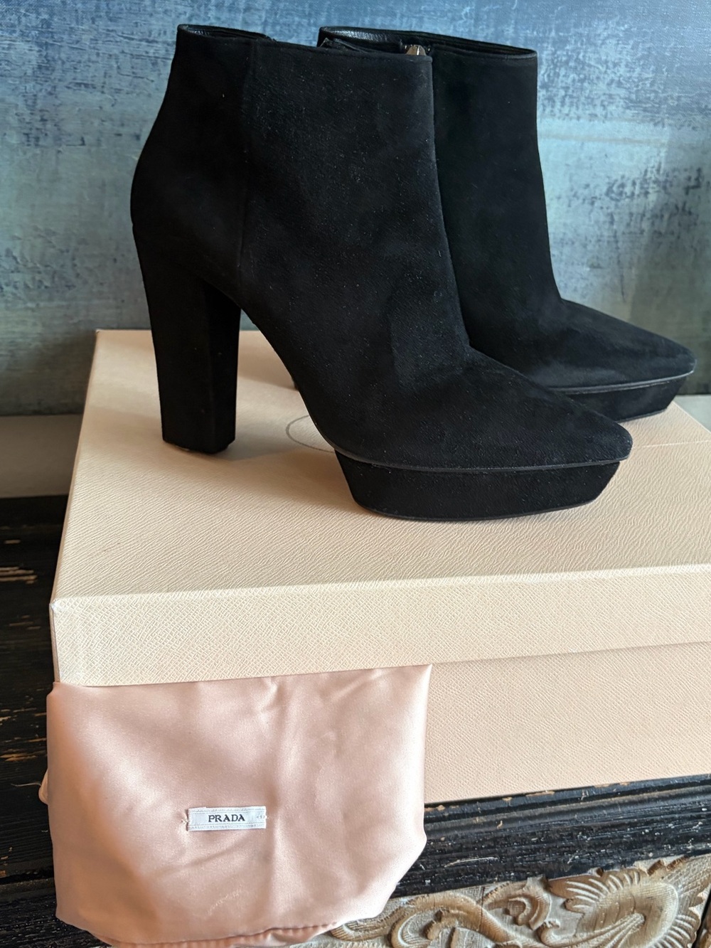 Prada Black Suede Platform Ankle Boots — Size 40 Fits 9, 9 1/5